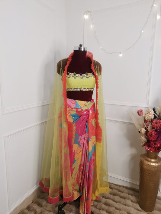 Vibrant Floral Drape Skirt with Cape