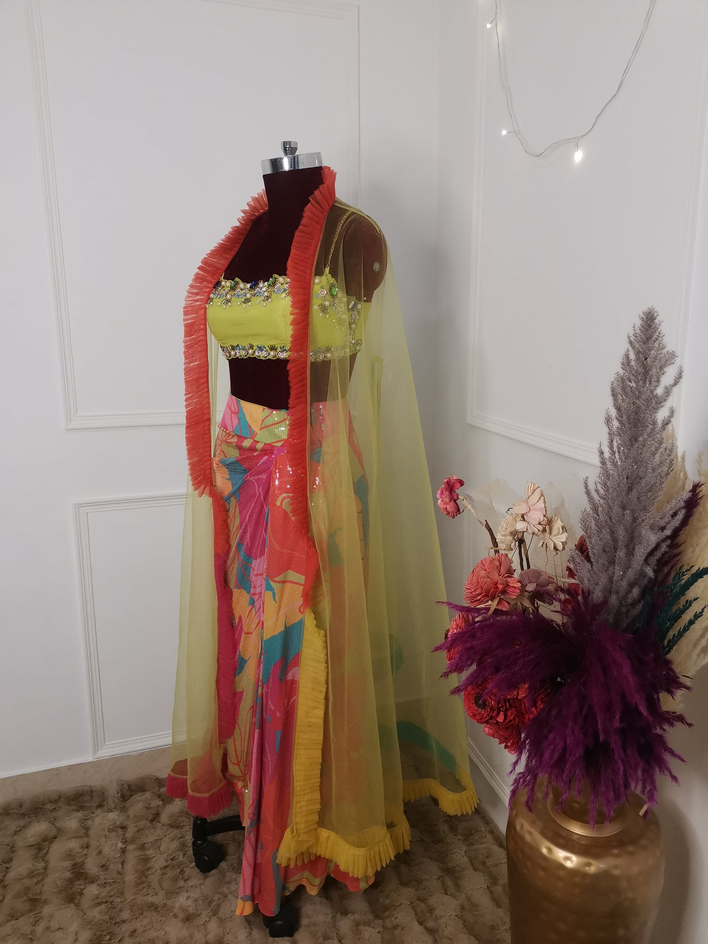 Vibrant Floral Drape Skirt with Cape