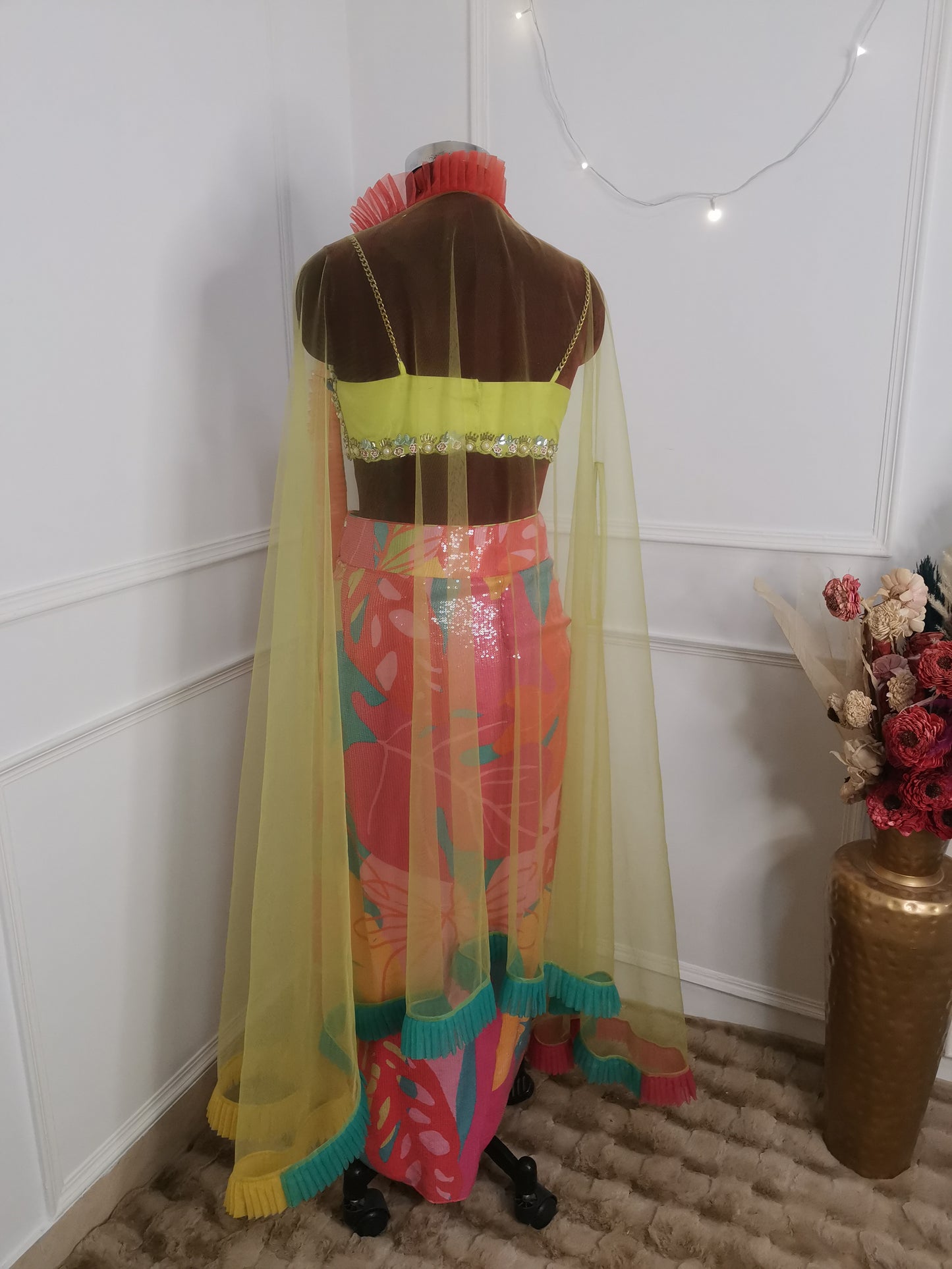 Vibrant Floral Drape Skirt with Cape