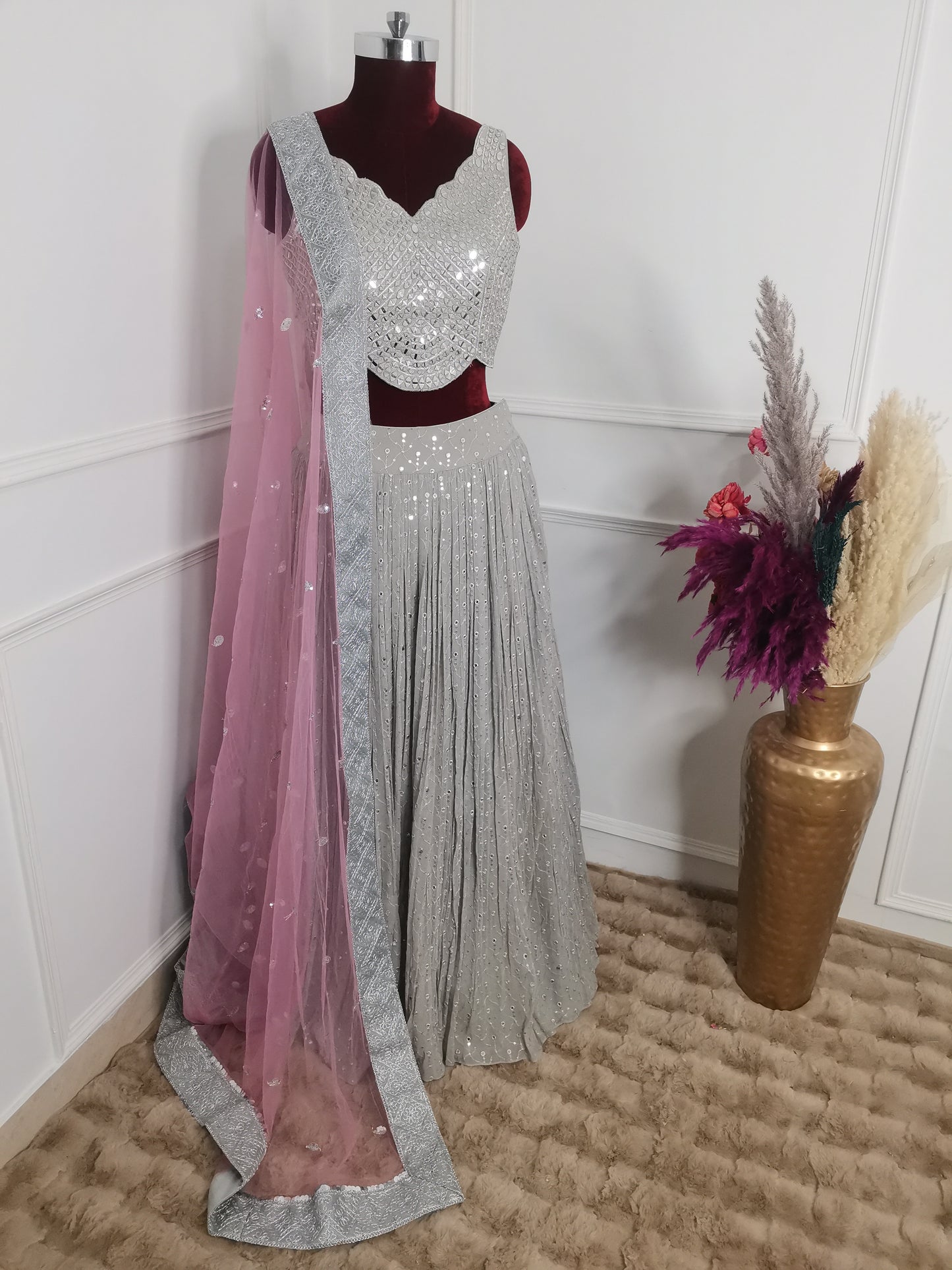 Grey And Pink Lehenga