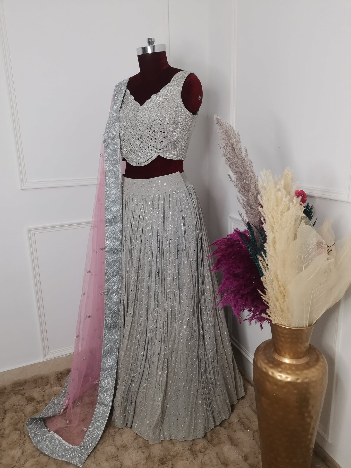 Grey And Pink Lehenga